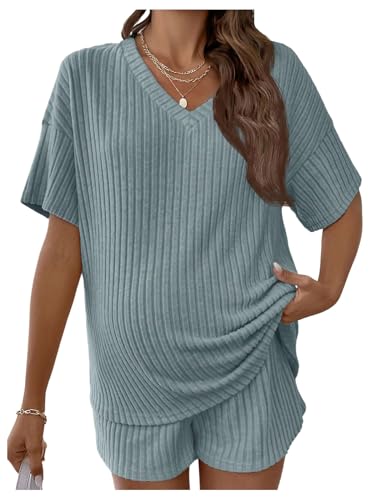 Image of MakeMeChic Women's Maternity Sets Summer Rib Knit Top and Short | 2 Piece Mama Clothes,Lounge,Short Sleeve Tee Shirt,Pregnancy Pajamas,Bump Friendly Outfits