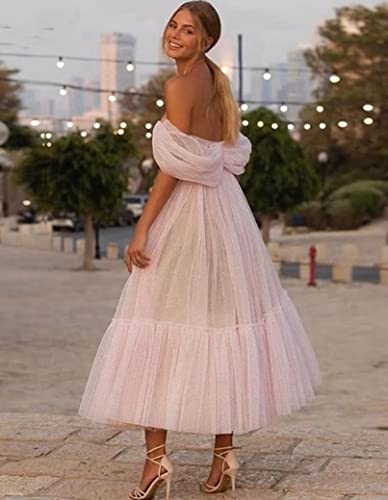 Women's Off Shoulder Prom Dress Puffy Sleeve Tulle Sweetheart Tea Length Ball Gown Formal Evening Party Dress NA123