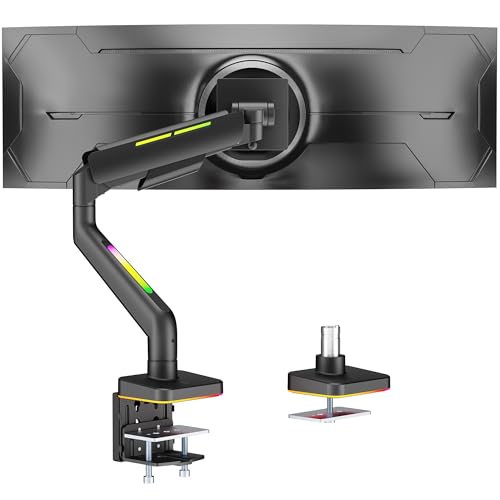 ARES WING Ergonomic Braço de monitor RGB para jogos para monitores planos/ultralargos/curvas de 17 a 49 polegadas com mola de gás, capacidade de carga de até 20 kg, projetado para Gamer, preto