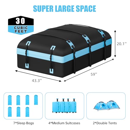 CARFORU Car Rooftop Cargo Carrier Bag, 30 Cubic Feet Waterproof Soft-Shell Car Roof Bag for All Vehicle with/Without Rack, Include Anti-Slip Mat, Reinforced Straps, Door Hooks Luggage Lock (Blue)
