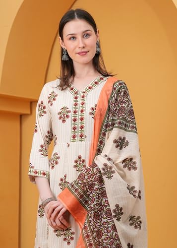 Image of Women's Indigo Blue Printed Anarkali Kurta with Palazzo Set, Long Sleeve V-Neck Ethnic Wear (IN, Alpha, S, Regular, Peach)
