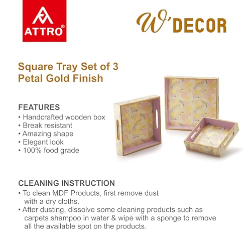 Image of Attro Square Designer Wooden Serving Tray Set - 1 Big, 1 Medium, 1 Small for Home Decor, Kitchen Use, Dining - Set of 3 Petal Gold