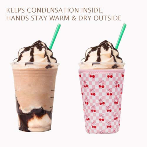 Image of Reusable Insulated Neoprene Iced Coffee Cup Sleeve, Durable Drink Sleeve for Cold Beverages, Beverage Holder for Iced Coffee (Sweet Cherry)