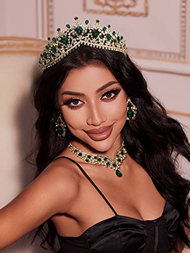 Sweetv Baroque Wedding Crown For Bride, 3-Pack Tiara Earrings Necklace, Bridal Jewelry Set, Gold Green Crystal Costume Party Birthday Prom Pageant Jewelry For Women, Genesis #TOP1