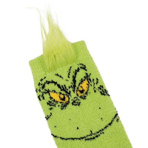 Bioworld The Grinch Character Face Meias femininas de chenille verde na altura do joelho, The Grinch