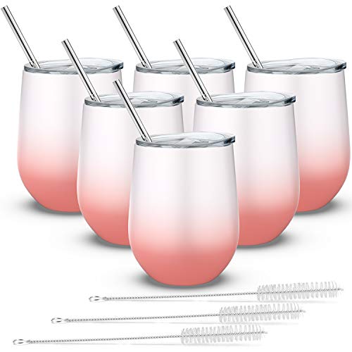12 Oz Stainless Steel Stemless Wine Glass Tumbler, Fungun Double Wall Vacuum Insulated Wine Tumbler Mug with Lids for Coffee, Wine, Cocktails, Including 6 Strawsï¼ˆwhite and pinkï¼‰
