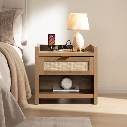 Image of SICOTAS Night Stand Bed Side Table - Rattan Nightstand with Type-C Charging Station,Drawer Storage End Table - Boho Bedside Night Stands for Bedroom - Natural Oak