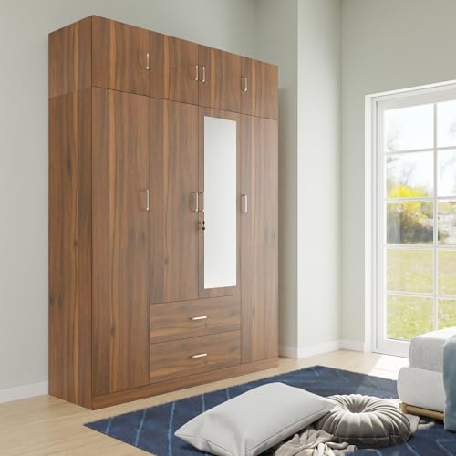 Image of VIKI Wardrobe | Wooden Almirah for Clothes,Door for Bedroom with Loft, 4 Door Wardrobe with Drawer, Mirror & Hanging Space (Brussel Walnut - 40D x 160W x 220H) | 1 Year Warranty | Free Assembly
