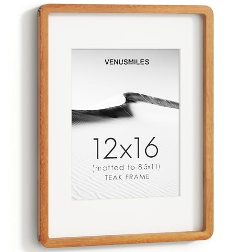 Image of 12x16 Picture Frame, USA-Sourced Natural Teak Wood Photo Collage Frame with HD Tempered Glass, Modern Simple 12 x 16 Wooden Frame Matted to 8.5x11, Vertical & Horizontal Wall Hanging Display