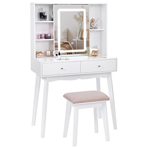 BEWISHOME Vanity Desk with Mirror and Lights, Makeup Vanity with Lights, White Vanity Set, Makeup Desk with 3 Color Lighting, Vanity Table with Cabinet & 2 Drawers, Dressing Table Makeup Table FST15M