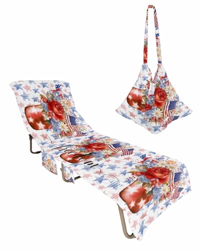 Blue Red Star 4th of July Beach Lounge Chair Towel Cover, Soft Chaise Lounge Towel with Side Pockets Patio Pool Chairs Cover for Beach/Pool Sunbathing 29x85 Watercolor Floral American Flag