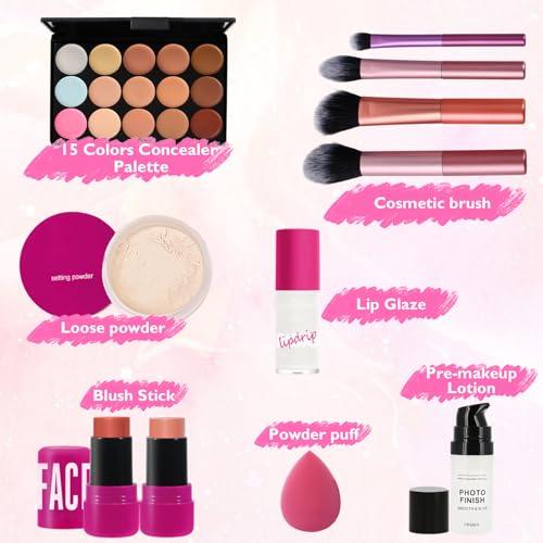 Alles in Einem Make up Set, 15 Farben Concealer Palette mit Face Stick Powder Primer Lip Oil Puff Oval Pinsel, 11Pcs Gesicht Komplettes Schminke Kosmetik Set Kit für Teenager Mädchen Frauen – Bild 4
