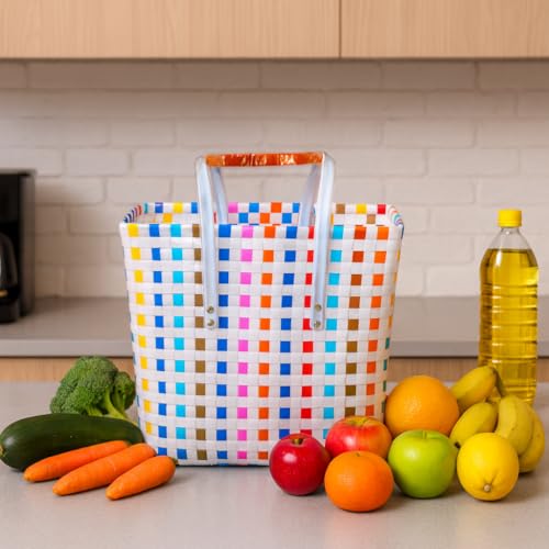 Image of Hand Made Multipurpose Plastic Basket with Lid | Eco-Friendly, Washable, Rust-Free Storage Basket for Kitchen, Picnic, Toys, Travel, Office | Lightweight basket (White with Orange, L)