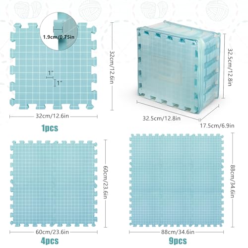 Image of CraftyManor 9 PCS Blocking Mats for Knitting & Crochet Projects, Extra Thick Crochet Blocking Mat with 50 T- Pins, Knitting Board and Pins, Blue