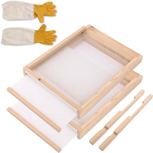 2-Pack Screened Bottom Board for 10-Frame Langstroth Beehive - Unfinished Solid Wood Beekeeping Base with Removable Tray & Entrance Reducer - Includes 1 Pair Protective Gloves