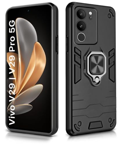 Image of WOW IMAGINE Shock Proof Back Case Mobile Cover for Vivo V29 | V29 Pro 5G (Tough Armor | Hybrid PC + TPU | Full Protection with Ring Holder & in-Built Kickstand | Black)