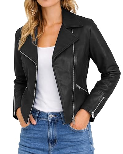 Leather Artist Womens Real Lambskin Asymmetrical Motorcycle Jacket-Biker Style Genuine Womens Leather Jacket (LA-Biker.Wo-Blk-XL)