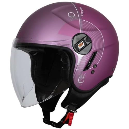 Casco de moto Jet Urban homologado ECE 22.06 – Doble visera (larga y solar), calota termoplástica, interior extraíble – Estilo urbano y Touring (morado, M: 57 – 58 cm)
