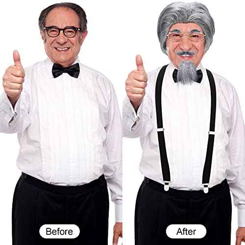 WILLBOND 8 Pcs Old Man Costume Old Man Wig Cane Glasses Faux Eyebrows Mustache Suspenders Bow Tie for Grandpa Halloween Cosplay(Dark Gray)