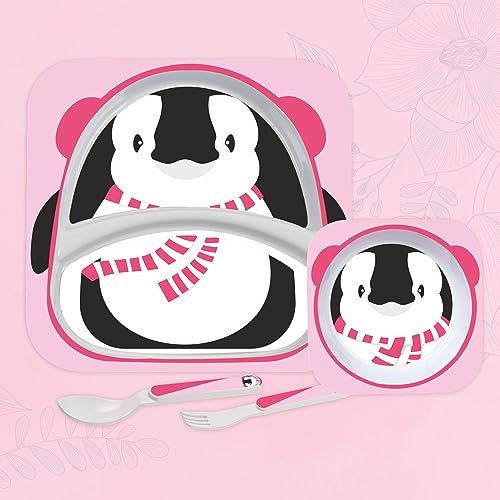 Image of Cello Kids Meal Melamine Dinner Set with Penguin Print | Safe and hygenic for Kids to use | Attractive and Long Lasting Designs | Break Resistant | Pink, Set of 4