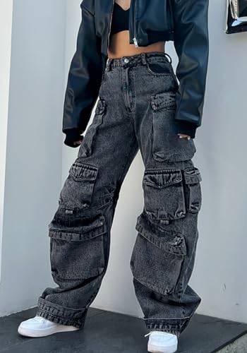 Cargo Jeans for Women Y2K High Waisted Baggy Jeans Straight Wide Leg Cargo Pants Streetwear2