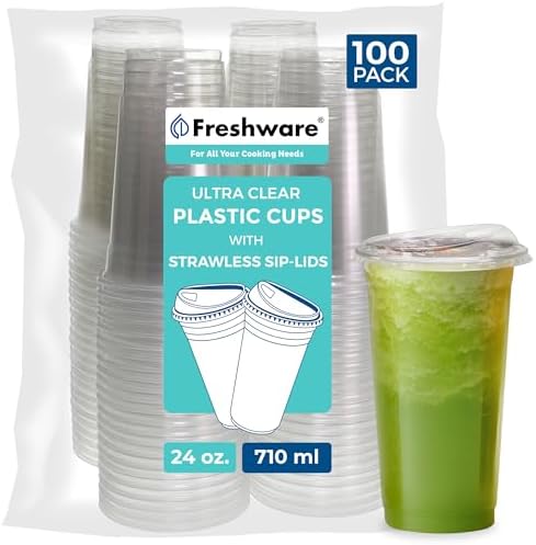 Freshware 24 oz Clear Disposable Plastic Cups with Strawless Sip Lids, 100 Pack Clear Plastic Tumblers, Heavy-duty Party Glasses, Disposable Cups for Thanksgiving, Halloween, Christmas Party