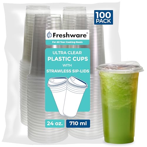 Freshware 24 oz Clear Disposable Plastic Cups with Strawless Sip Lids 100 Pack Clear Plastic Tumblers Heavy-duty Party Glasses Disposable Cups for Thanksgiving Halloween Christmas Party