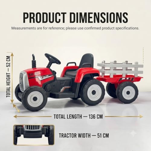 Image of WISHMASTER Kids Electric Ride-On Tractor 12V Battery Operated with Detachable Trailer, Parent Remote Control, Music, USB, LED Lights Toys for Boys & Girls 3-8 Years