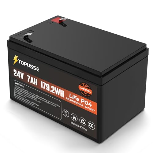 TOPUSSE 24V 7Ah LiFePO4 Battery 25.6V 179.2Wh Rechargeable Lithium Batteries for Trolling Motor RV Camping Ride on Toys