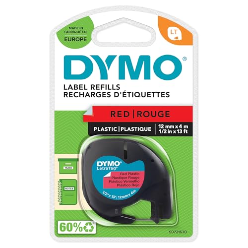 DYMO LT plástico etiquetas auténticas | Negro sobre rojo | 12 mm x 4m | para las etiquetadoras LetraTag | autoadhesivo