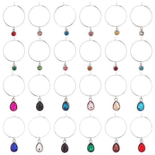 BENECREAT 24pcs 24 Styles Wine Glass Markers - Drop & Flat Round Rhinestone Birthday Stone Charm for...