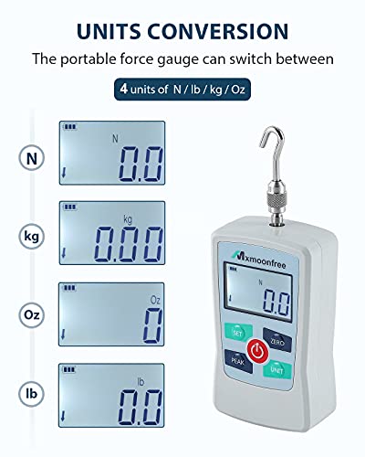 Mxmoonfree 300N Digital Force Gauge Push Pull Gauge Portable Force Meter with Units N/LB/Kg/Oz, Storage Case, Auto Backlit LCD, Auto Power-Off for Teaching School Lab Mechanical Physics (ZMF-300N)