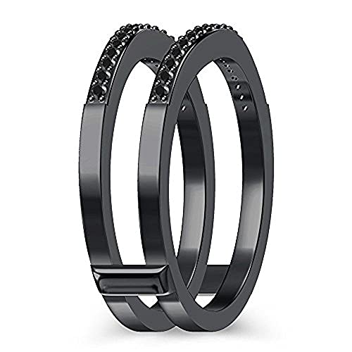 Round Cut Black Diamond Enhancer Engagement Wedding Ring 14K Black Gold Over 925 Sterling Silver Guard Wrap Jacket2