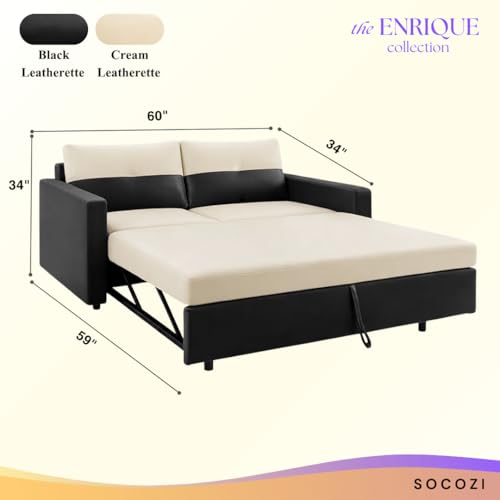 Image of SOCOZI Enrique 2 Seater Sofa Cum Bed | Premium Leatherette Upholstery | Modern Convertible Design | Comfortable Seating & Sleeping Solution for Living Room (Black-Cream)