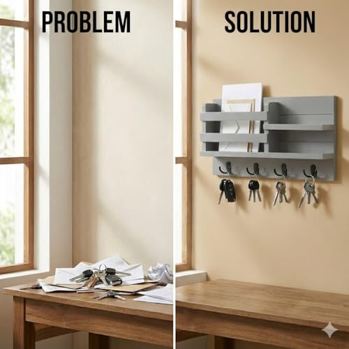 Image of Key Holder for Wall with Mail Shelf & 4 Hooks | Engineered Wood (Grey, Elegant Mail Organizer - 35.5 x 9 x 23 cm)