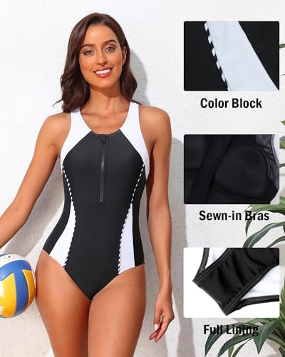 Charmo Damen Badeanzug Bauchweg Sport Schwimmanzug Einteiler Vorne Reißverschluss Bademode mit Cups Swimsuits for Women 4