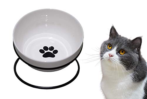 Trundisan Raised Cat Food Bowls,Ceramic,Single Feeding Bowl, Elevated Cat Bowl Tilted Feeding Dishes For Indoor Cats Or Dogs,11 Oz,With Black Metal Stand,Stress Free,Non Slip,Dishwasher Safe #TOP1