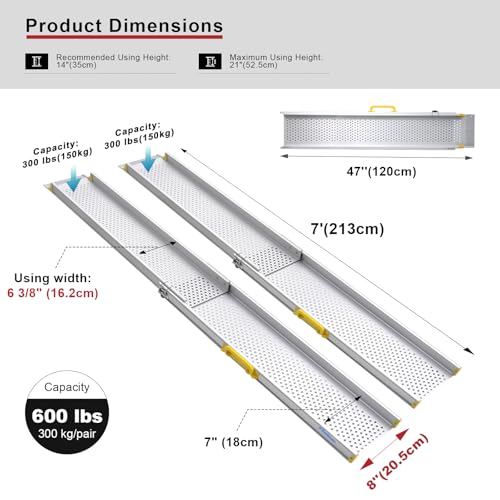 Ruedamann Lightweight Telescopic Wheelchair Ramp, 7 Foot Portable Adjustable Ramps Suitable for Wheelchairs, Heavy Duty Capacity for Home Steps, Doorways, Curbs, 2Pcs