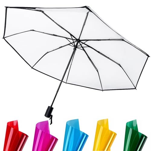 KAKABUBBLE Transparenter Automatik-Regenschirm mit Dekor-Aufklebern Faltbarer Winddichter Klappschirm Klarer Schirm für Hochzeit Fotografie & Alltag 110 cm Spannweite