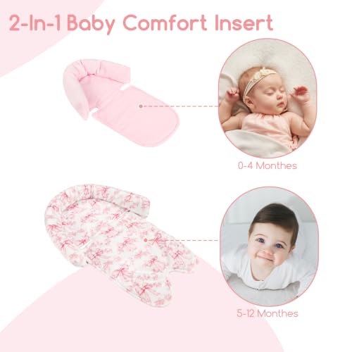 Image of Baby Car Seat Head Support for Newborn, 2 in 1 Infant Car Seat Head Body Support with Strap Pads, Soft Stroller Cushion Pillow Insert for Girls, Fits for Stroller, Swing, Pink Bow & Flowers
