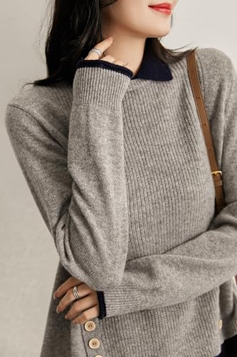 Image of LAI MENG FIVE CATS Women Polo Contrast Collar Knitwear Casual Pullover Top | Patchwork,Long SLeeve,Elegant Sweater,Daliy Work