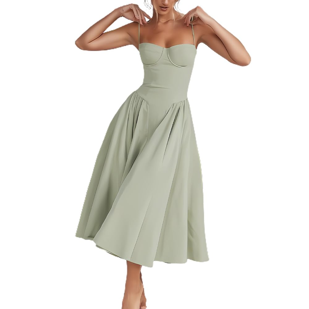 Slipasikao Sleeveless Corset Fit Midi Dress Boho Sexy Off Shoulder Low Cut Flowy Pleated Hem Floral Print A Line Sundress (Green,S)