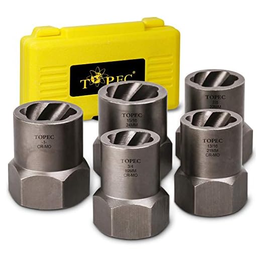 Topec 5-Piece Heavy Duty Nut Bolt Remover set, 1/2” Drive Impact Extractor Set, Perfect Tool Kit for Removing Stripped, Damaged, Rounded off and Rusted Bolts & Nuts, and Shorter Profile Lug Nuts