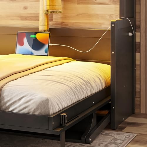 Image of KEIKI Queen Size Horizontal Cabinet Murphy Bed with Desk, Solid Slats, Gray