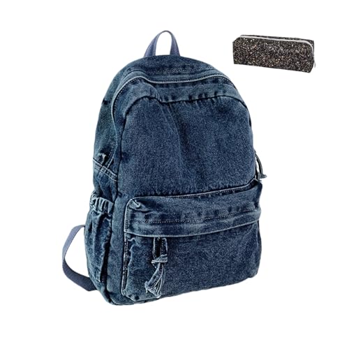 Denim Zaino Donna Uomo Casual Lavoro Leggero Grande Tinta Unita Borsa Uscire Regali di Natale Blu Scuro Taglia unica
