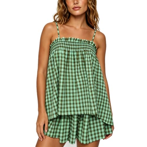 Image of Yuemengxuan Women 2 Piece Casual Lounge Set Sleeveless Strappy Tie Back Cami Top Wide Leg Shorts 2Pcs Summer Pj Set Beachwear
