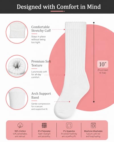Image of Winterlace Womens Slouch Socks, 6 Pairs Cotton Scrunch Ribbed Crew Socks Soft Retro 80s Slouchy Calf Boot Sock