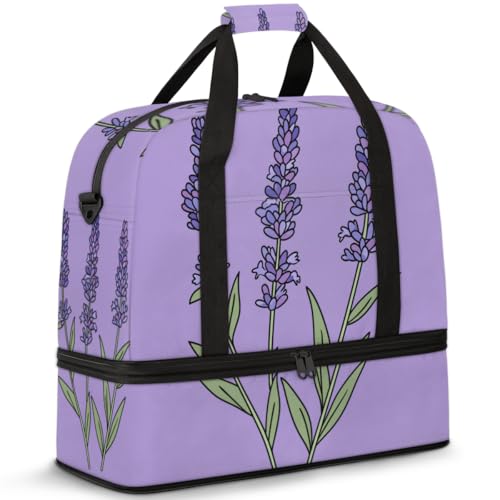 Flowers Lavender Sports Gym Duffel Bag for Men Women Purple Floral with Shoe Compartment Weekender Overnight Bags Travel Bag Carry on Backpack for Swim Fitness Workout
