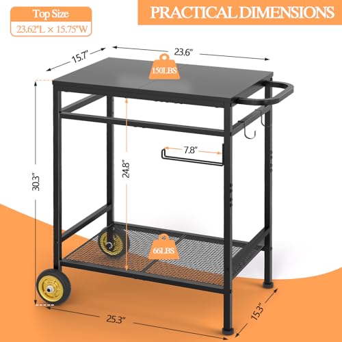 Image of 2-Tier Outdoor Grill Table with Wheels, Movable Cooking Food Prep Table for Outside BBQ Gathering, with 23.62 inch Lx 15.75 inch W Rust-resistant Tabletop, Griddle Stand for Patio & Backyard & Tools Room