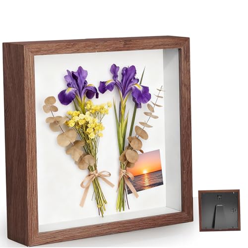 3D Marco de Fotos, Marco de Fotos Profundo para Rellenar 20 x 20 cm, con Placa Acrílica Transparente, Marco de Objetos 3D más Profundo 3cm, Marco Objeto Madera, para Objetos, Color del Café